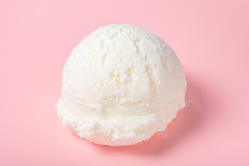 vanilla scoop of sundae ice cream isolated on pink background, close up