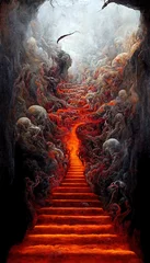 Sierkussen De metafoor van de hel inferno, zielen die de hel binnengaan in betoverende vloeiende beweging, met hellevuur en rook © DigitalGenetics