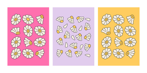 Set of posters with cute chamomile flowers and petals. Retro groovy y2k style backgrounds. Vector illustration in 00s, 90s, y2k style