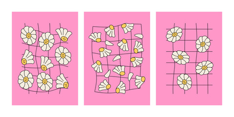 Set of pink posters with cute chamomile flowers and abstract distorted cage. Retro groovy y2k style backgrounds. Vector illustration in 00s, 90s, y2k style