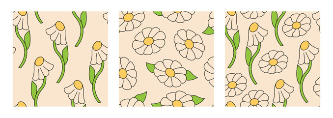 Set of seamless patterns with chamomile flowers. Retro vector floral backgrounds