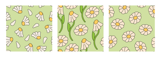 Fototapeta na wymiar Set of seamless patterns with chamomile flowers. Retro vector floral backgrounds