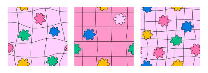 Set of cute seamless pattern with abstract colorful daisy flowers and linear wavy psychedelic checkerboard. Vector background in 90s, 00s and kidcore style	