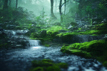 Natural forest waterfall with rocks and green moss 8k wallpaper background.