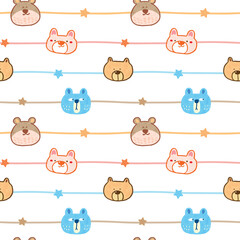 Seamless Pattern with Cartoon Bear Face, Star and Line Design on White Background