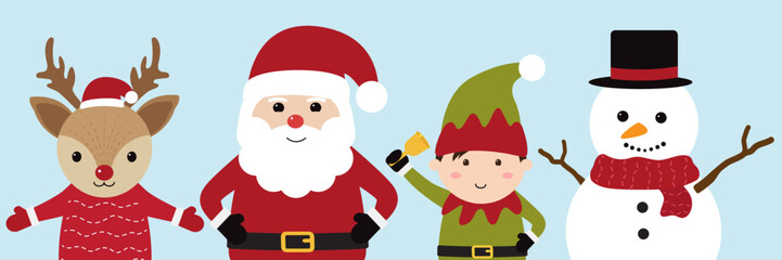 Santa Claus, elf, snowman and reindeer wearing christmas costumes on blue background. Cartoon character for holiday. Merry christmas and happy new year