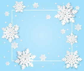 Winter season. Design with white snowflakes on blue background. paper art style. vector.