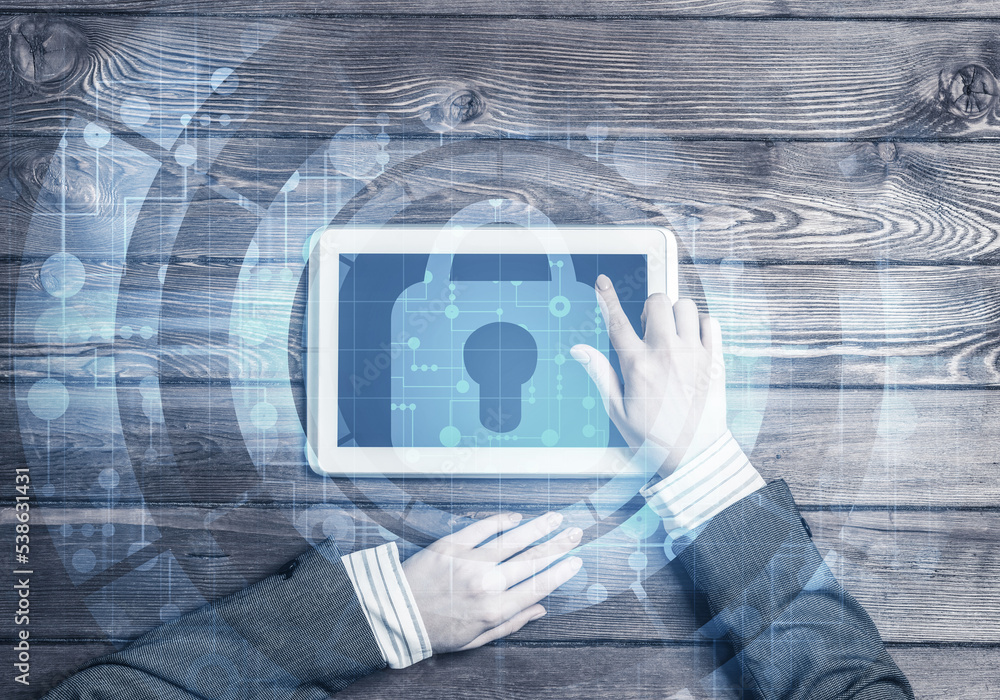 Poster concept of computer access with media lock icon on tablet screen