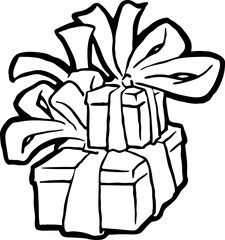 Gift box with bow, hand drawn illustration. Cartoon style vector drawing. Decorative element for poster print, Christmas party, birthday, wedding celebration, anniversary event, sale discount.