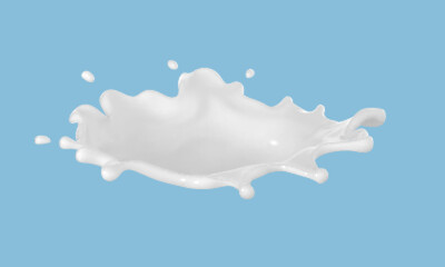 Milk or yogurt splash isolated on blue background. Natural dairy product, yogurt or cream with flying drops. Realistic vector illustration