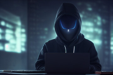 Hacker sitzt an einen Notebook. Er trägt ein Hoodie und ein Basecap mit leuchtendem Schirm. Das Gesicht lieg tverborgen im Schatten. - obrazy, fototapety, plakaty