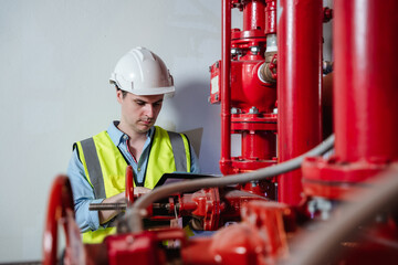 Engineers inspecting the inside plumbing and water valves of an industrial facility.