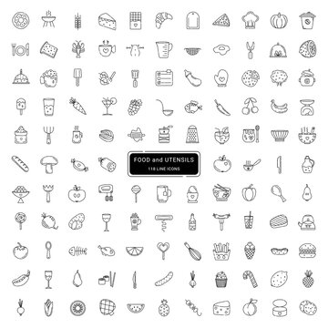 Food and utensils, 118 line vector icons