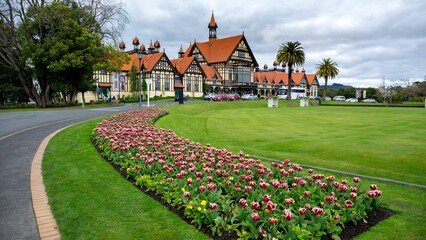 Scenic shot of the Rotorua Museum and Government Gardens in Rotorua, North Island, New Zealand - obrazy, fototapety, plakaty