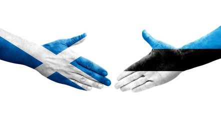 Handshake between Estonia and Scotland flags painted on hands, isolated transparent image.