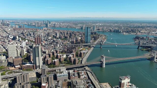 Panoramic view, slides from right to left, starts from East River view, Brooklyn and Manhattan bridges, turns towards Financial District and Midtown view