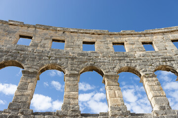 Amphitheatre at Pula, Istria, Croatia. The oval arena has walls as heigh as 32 metres. Roman emperor Vespasian gave order to expand the small arena to a big one.