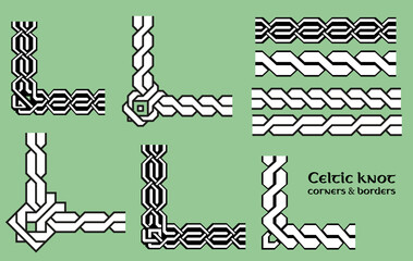 Celtic knot wicker seamless line corners. Scotland knot border, irish decorative ornament and traditional ancient pattern corner vector set. Mystic element for greeting card or invitation frame