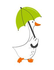 Walking goose with an umbrella.
 Hand drawn modern vector illustration.