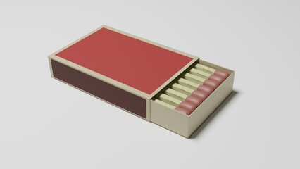 Half opened paper matchbox with wooden red matches isolated on white surface. 3D render