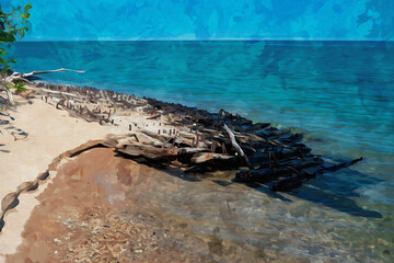 Digitally created watercolor painting of the remains of a old wood shipwreck on a Michigan beach