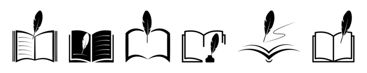 Set of abstract books with feathers vector icons. Write a  book with feather and ink. Logo for library. Vector 10 EPS.