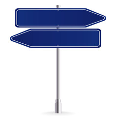 2 Way Blue Road traffic sign. Blank board with place for text.Mockup. Isolated information sign. Direction. Vector illustration.White background.