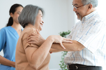 Fototapeta premium health insurance of retired assistance concept, woman nurse or doctor help support senior patient at home, medicine caregiver having medical health care for elderly female to happy care at home