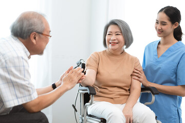 Fototapeta premium health insurance of retired assistance concept, woman nurse or doctor help support senior patient at home, medicine caregiver having medical health care for elderly female to happy care at home