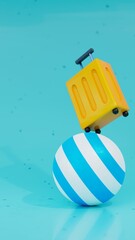 Travel suitcase on beach ball. Summer vacations concept. 3d illustration