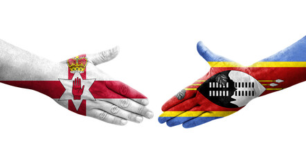 Handshake between Eswatini and Northern Ireland flags painted on hands, isolated transparent image.
