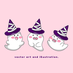 A little ghost wearing a witch's hat smiles cutely. Cartoon vector art and illustration. Version 2.