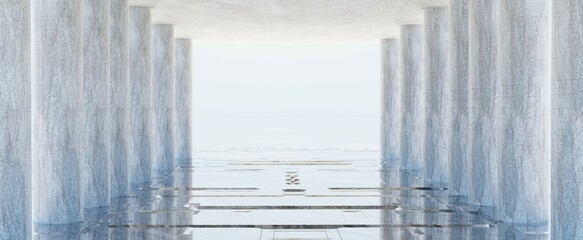 Techno hall with columns background. Futuristic empty room with 3d render glass light digital floor with reflection and blue marble columns on sides. Abstract portal to another multiverse and worlds