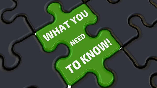 What you need to know. The text on the puzzle. Folded black puzzles elements and one red with white question mark is change to green with text WHAT YOU NEED TO KNOW. Footage video