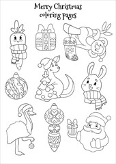 Merry Christmas and Happy New Year greeting card. Black and white vector illustration for coloring book. Hare, carrot, koala, kangaroo, rabbit, santa, emu and tree are here. 