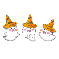A little ghost wearing a witch's hat smiles cutely. Cartoon vector art and illustration. Version 3.