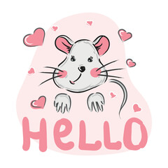 Sweet Little Gray Mouse Head and pink Handwritten hello on a White Background. Lovely Nursery Vector Illustration ideal for Card, Wall Art, Poster. Kids Room Decor.
