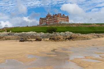 view of the historic Headland Hotel and Spa near Fistral Beach in Newquay