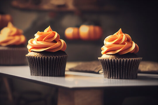 Fresh homemade delicious tasty Pumpkin spice Cream cupcakes. Halloween and the Day of the dead concept.	
