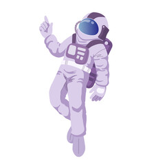 Astronaut floating and pointing with hand. Vector illustration in cartoon style. Isolated on white background.