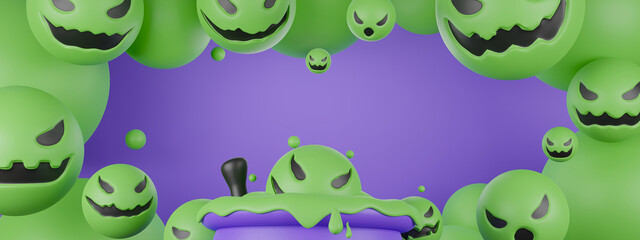 3D Halloween Emoji Ball Wallpaper Pumpkin Green and purple color. Emotional Smile Balloons with scary, evil on their faces. Realistic 3d design gift box. Traditional element of decor for holiday.