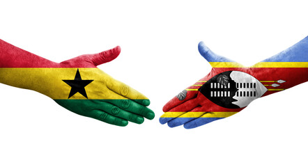 Handshake between Eswatini and Ghana flags painted on hands, isolated transparent image.