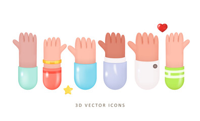 3D Raised Hands Vector Set. Voting, Teamwork, Collaboration, Volunteering Concept. 3D illustration Isolated on White Background. People Vote Hands - 538641093