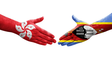 Handshake between Eswatini and Hong Kong flags painted on hands, isolated transparent image.