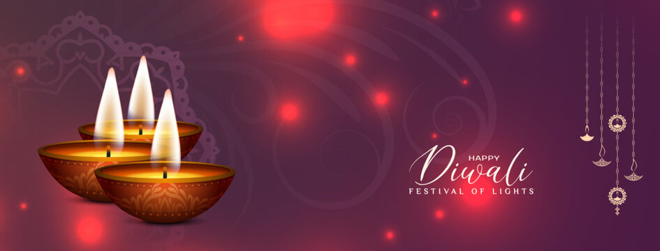 Happy Diwali religious cultural festival celebration banner with diya