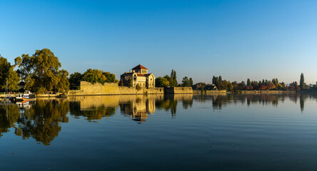 Fototapeta na wymiar panorama landscape of Lake Oreg and the medieval Tata Castle in Hungary