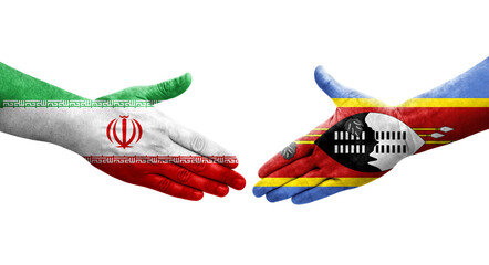 Handshake between Eswatini and Iran flags painted on hands, isolated transparent image.