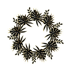 round floral frame, circular banner with golden and black flowers with copyspace