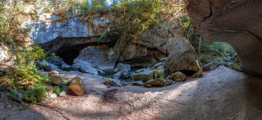 Cave and river in a canyon. Canadian Nature Background. Panorama. Little Huson Caves Park, Vancouver Island, British Columbia, Canada.