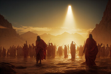 Exodus, Moses crossing the desert with the Israelites, escape from the Egyptians